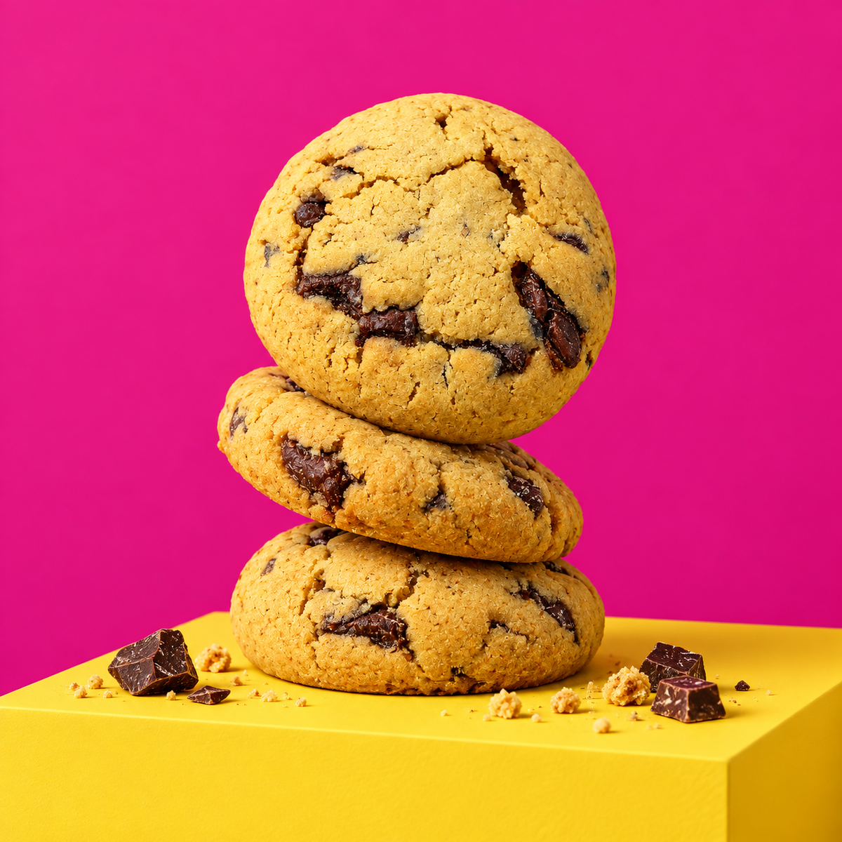Drei Chocolate Chip Cookies auf einem gelben Podest vor Magenta