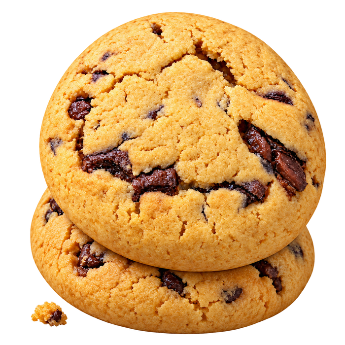 Zwei übereinanderliegende Chocolate Chip Cookies