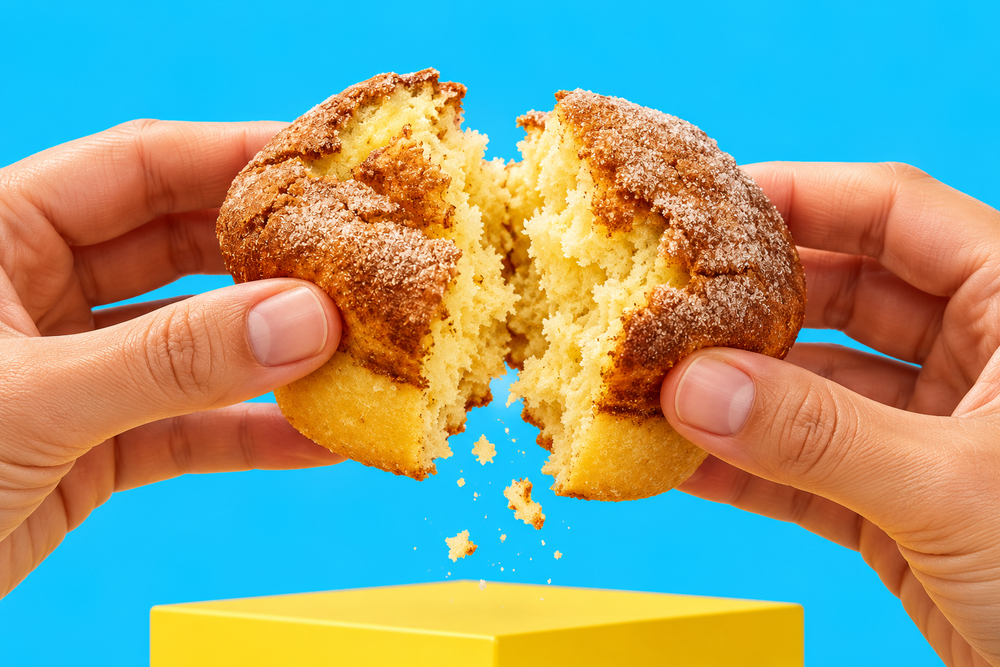 Hände brechen einen Zimtmuffin auf und zeigen seine weiche Krume