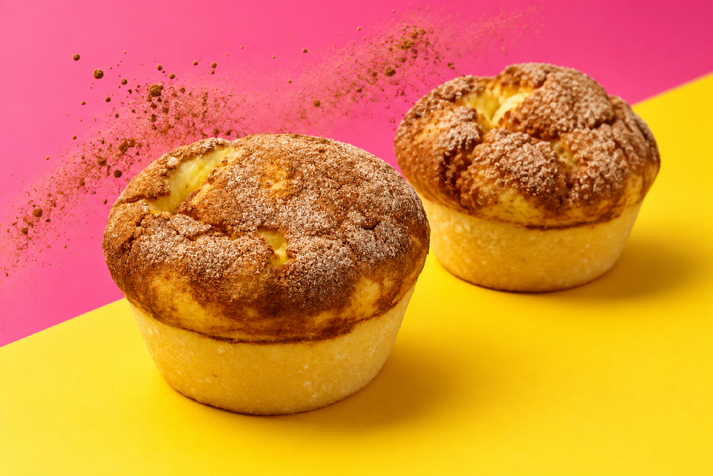 Zwei Churros Cheesecake Muffins vor Pink und Gelb