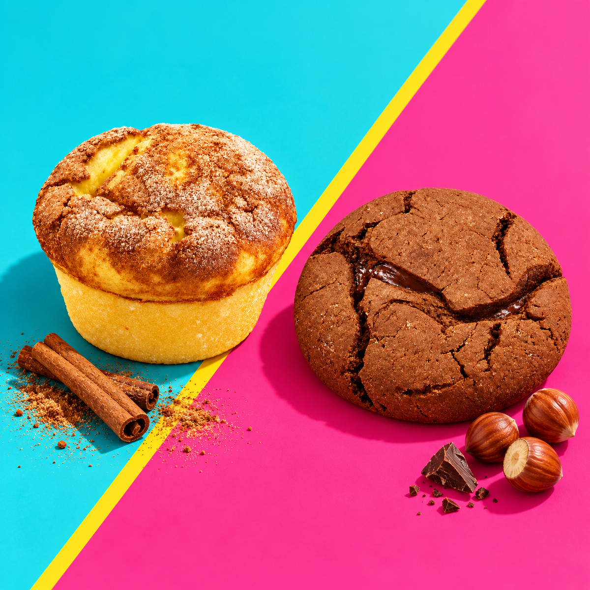Hoher Churros Cheesecake Muffin und Nuss-Nougat Cookie auf kräftigen Farbflächen