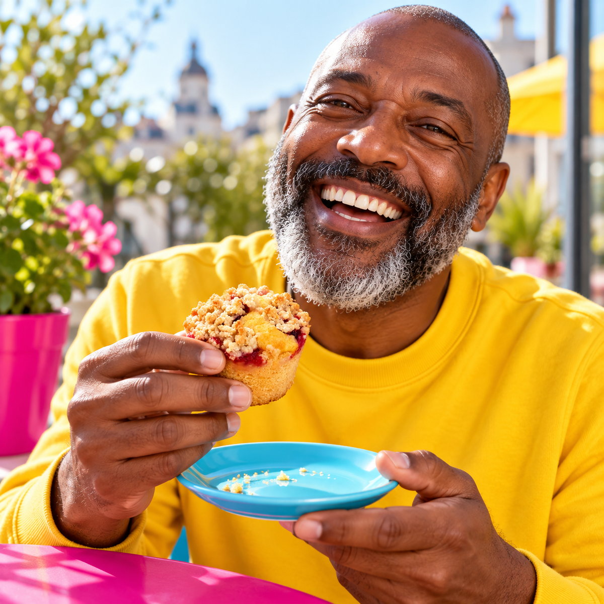 Pflaumen Quark Streusel Muffin in einer fröhlichen Alltagsszene