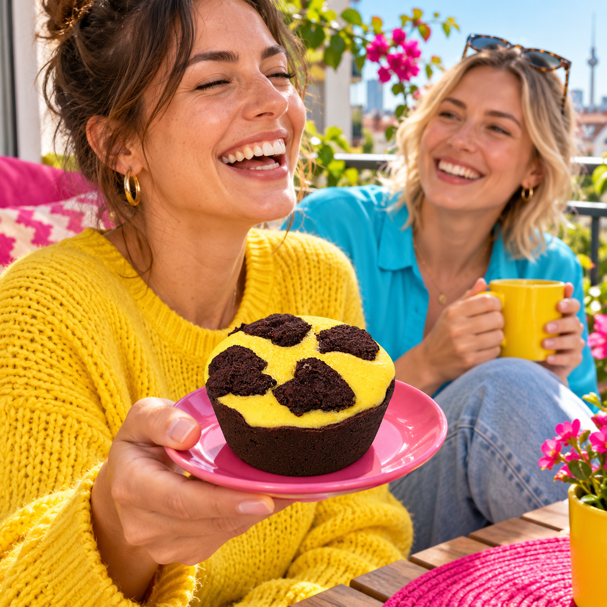 Zupfi Zupfkuchen Muffin in einer fröhlichen Alltagsszene
