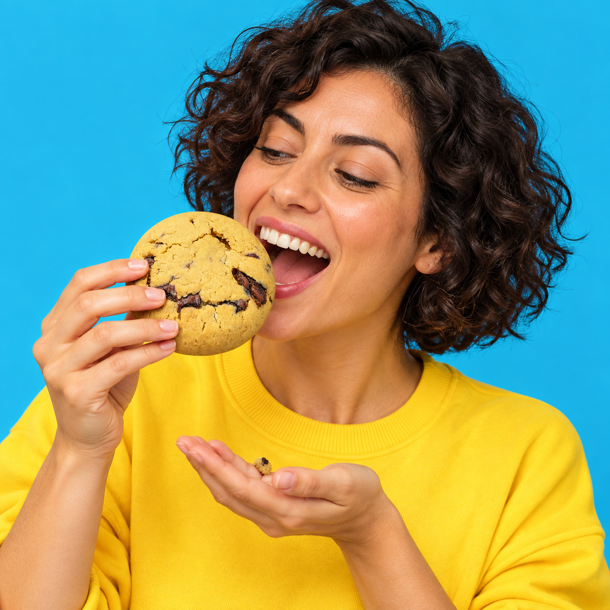 Frau beim genussvollen Biss in einen Cookie vor türkisfarbenem Hintergrund
