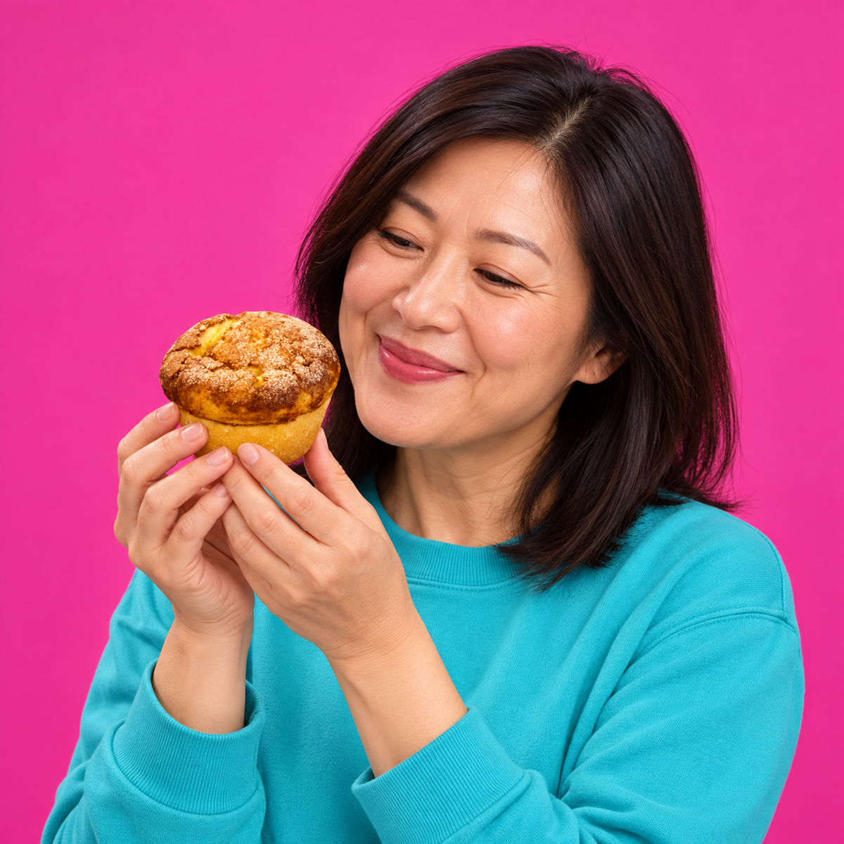 Frau genießt den Anblick eines Zimtmuffins vor pinkem Hintergrund