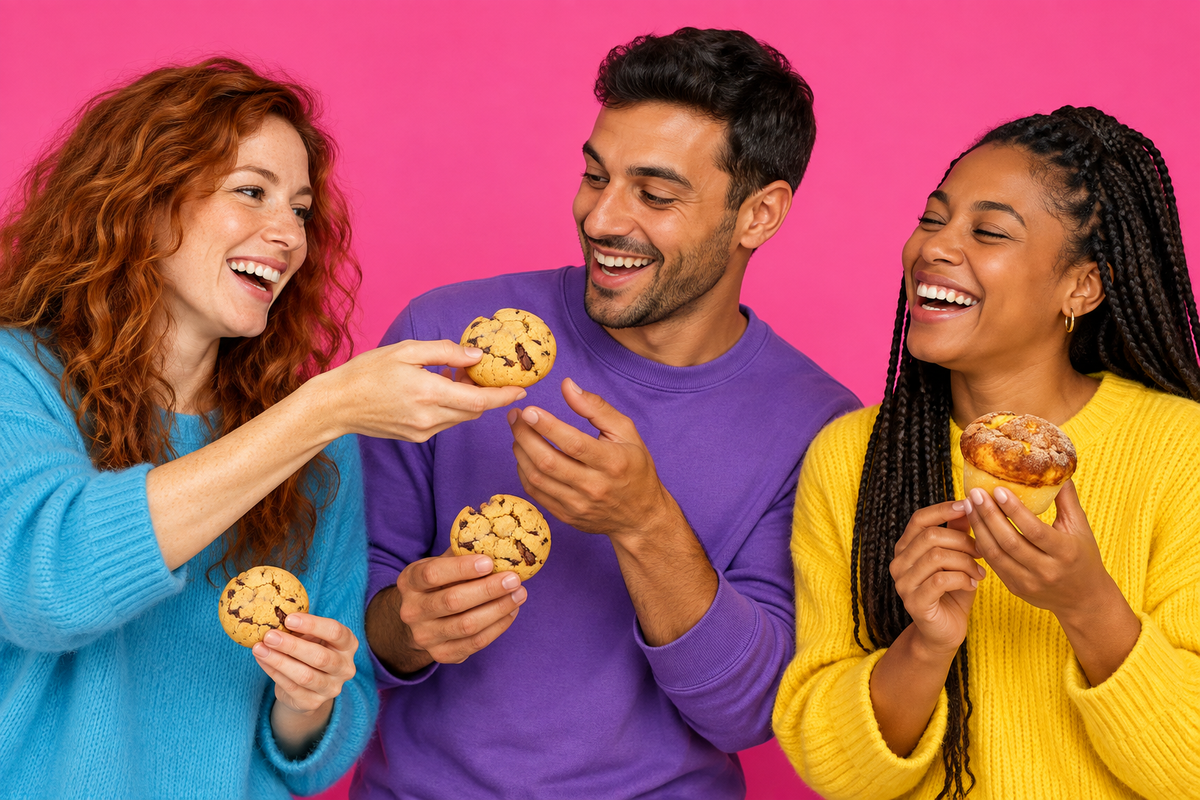 Drei Freunde teilen Cookies und einen Muffin miteinander