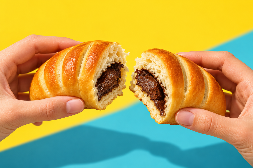 Aufgebrochenes Choco Hörnchen mit sichtbarer Schokofüllung
