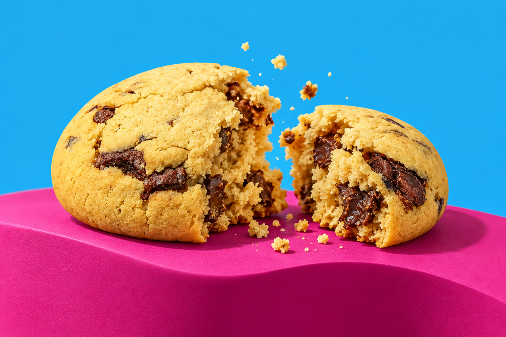 Schoko Cookie mit sichtbarer Krume auf Pink und Cyan