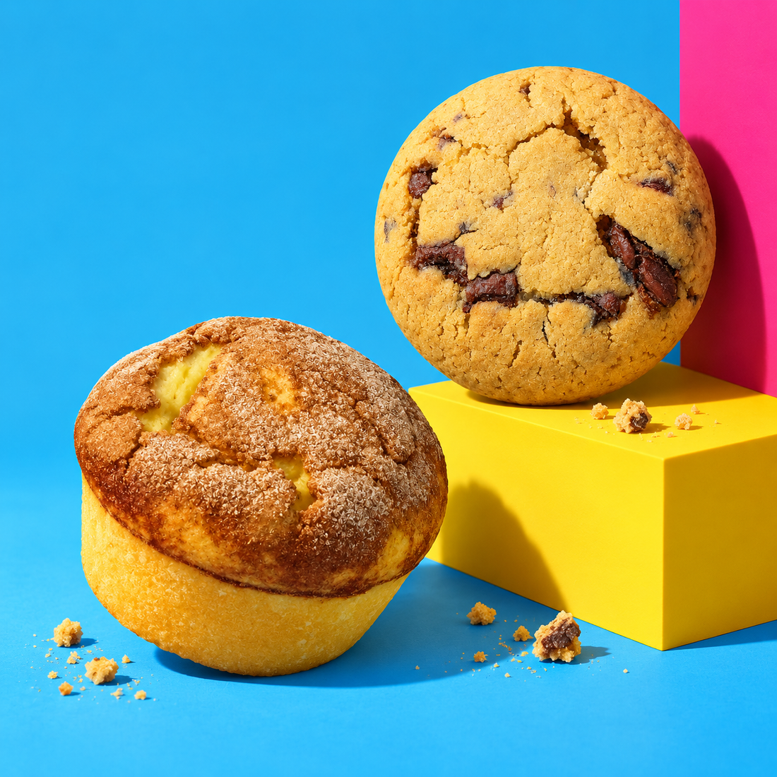Muffin und Schoko Cookie auf bunten geometrischen Flächen