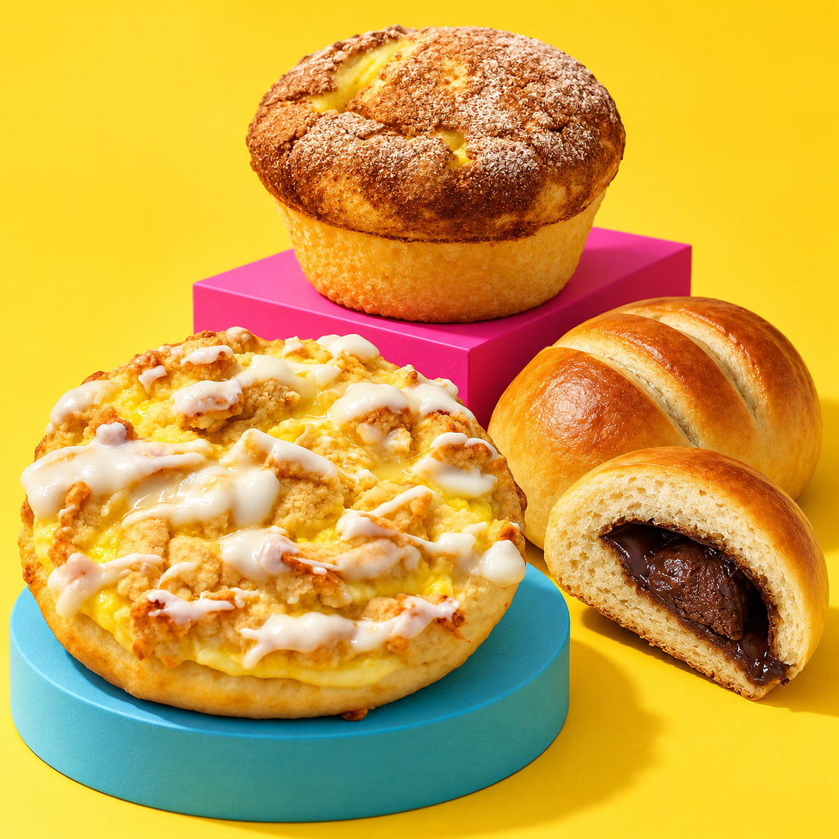 Muffin, Pudding Taler und Choco Hörnchen auf bunten Podesten