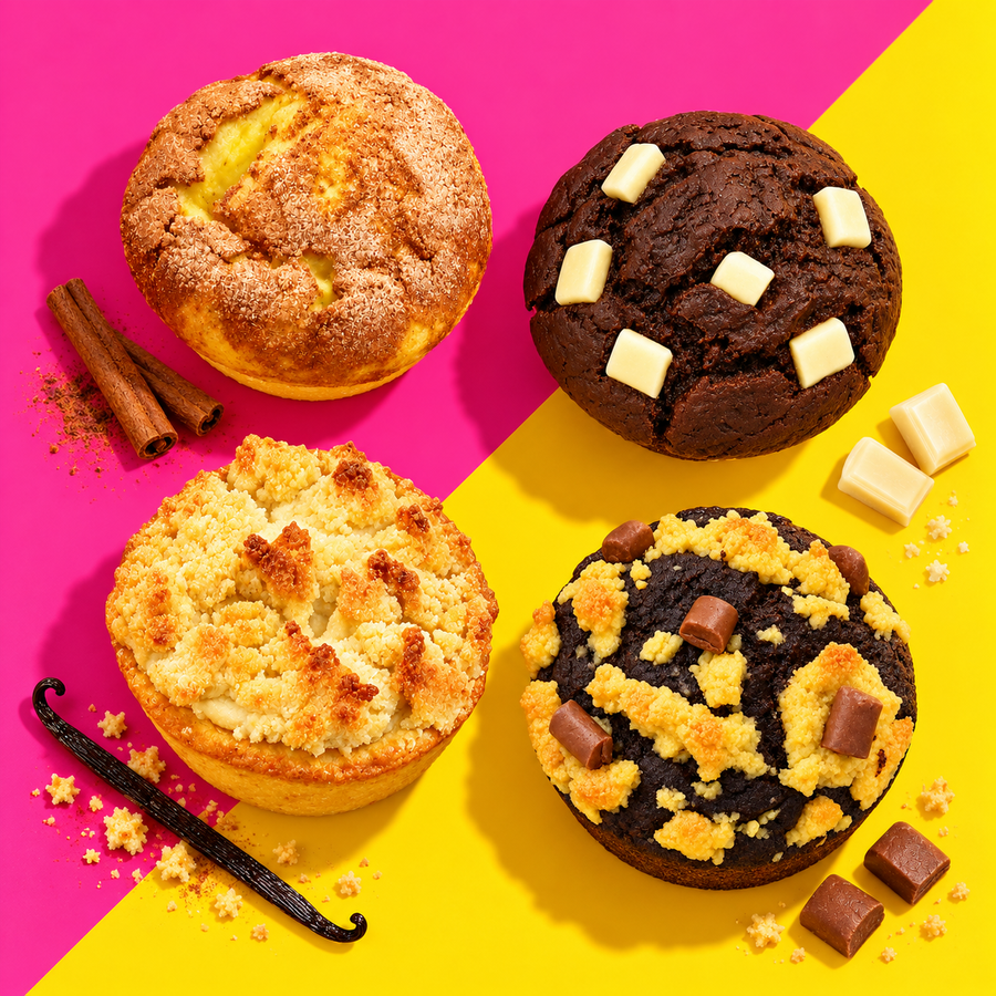 Vier handgemachte genusswerk Muffins auf kräftigem pink-gelbem Hintergrund
