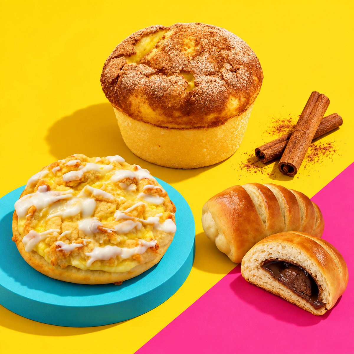 Hoher Churros Cheesecake Muffin mit Streusel Pudding Taler und Choco Hörnchen auf leuchtenden Farbflächen