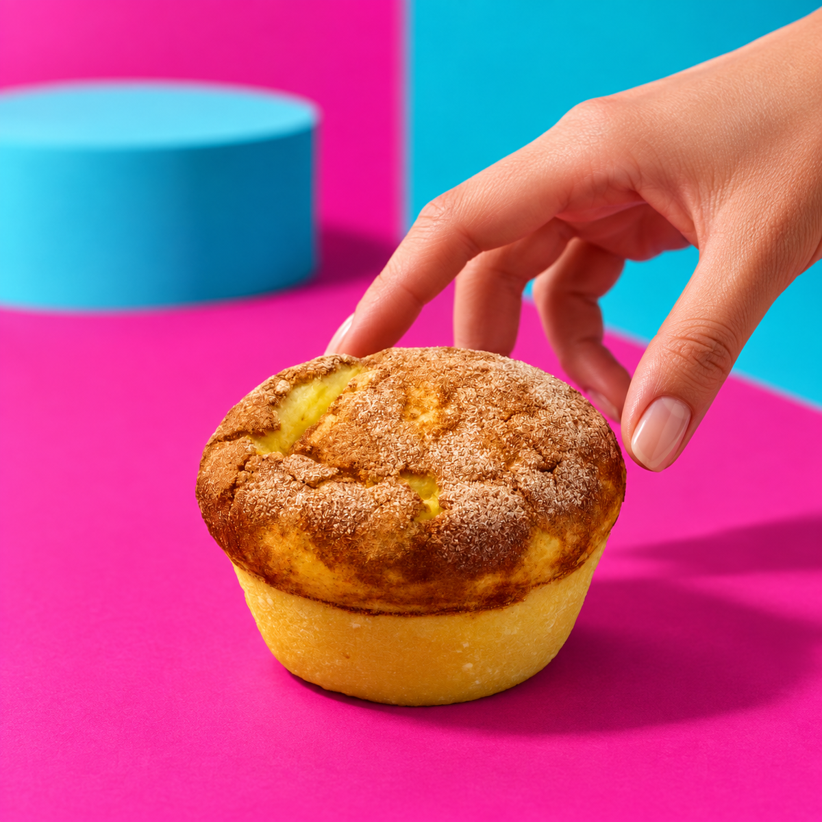 Hand wählt einen Churros Cheesecake Muffin auf pink-türkisem Hintergrund
