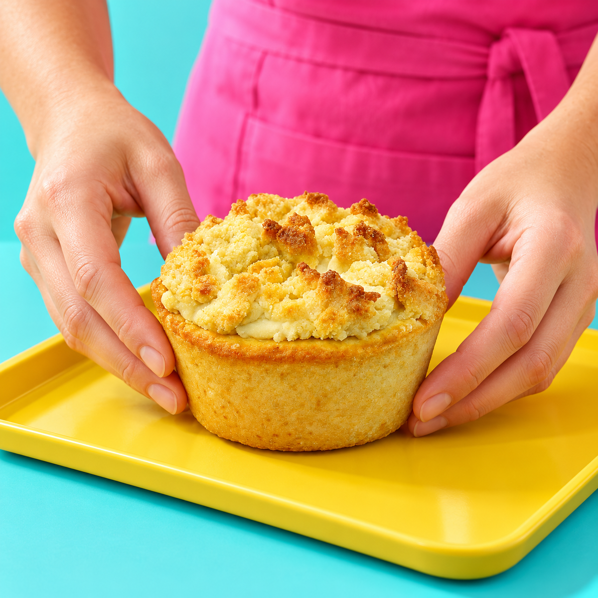 Hände setzen einen Sunny Streusel Pudding Muffin auf ein gelbes Backblech
