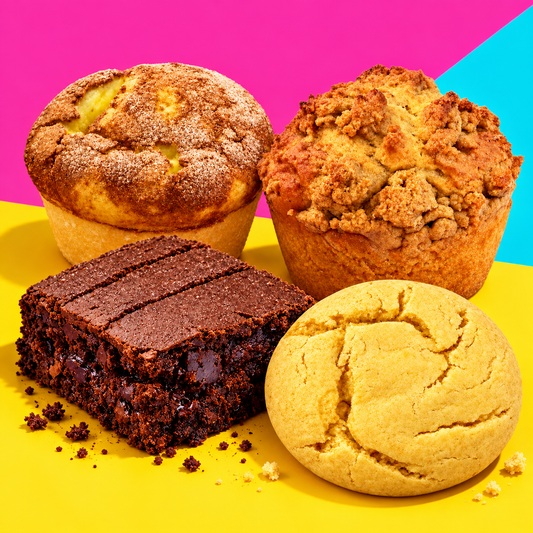 Vier Sorten der genusswerk.ME Probierbox: Churros Cheesecake Muffin, Kakao Kick Brownie, Banana Zimt Crunch Muffin und NY Creamy Dream Cookie