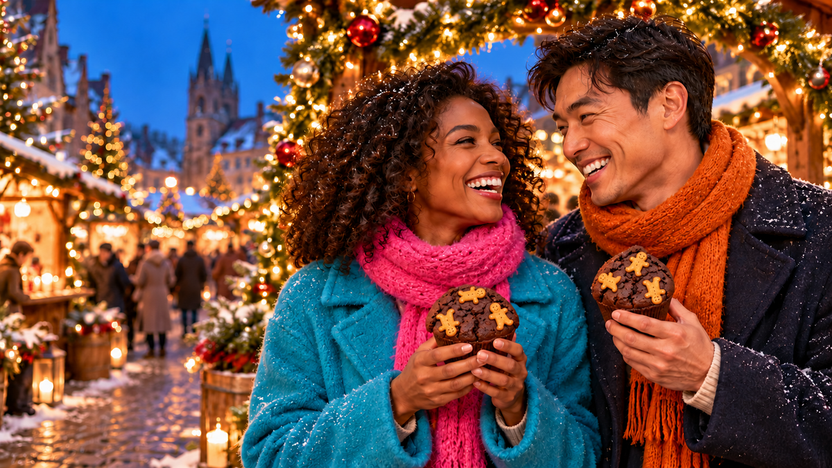 Eine schwarze Frau und ein asiatischer Mann genießen Lebkuchen Muffins auf dem Weihnachtsmarkt.