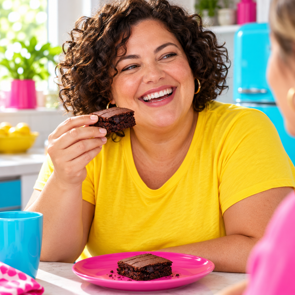 Kakao-Kick Brownie in einer fröhlichen Alltagsszene