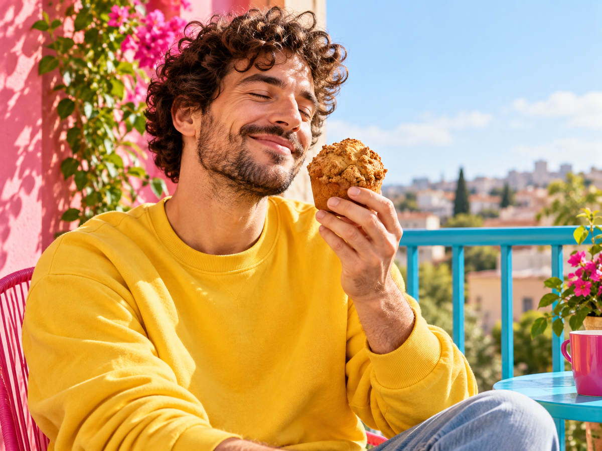 Cinnamon Crumbl Banana Bread Muffin in einer fröhlichen Alltagsszene