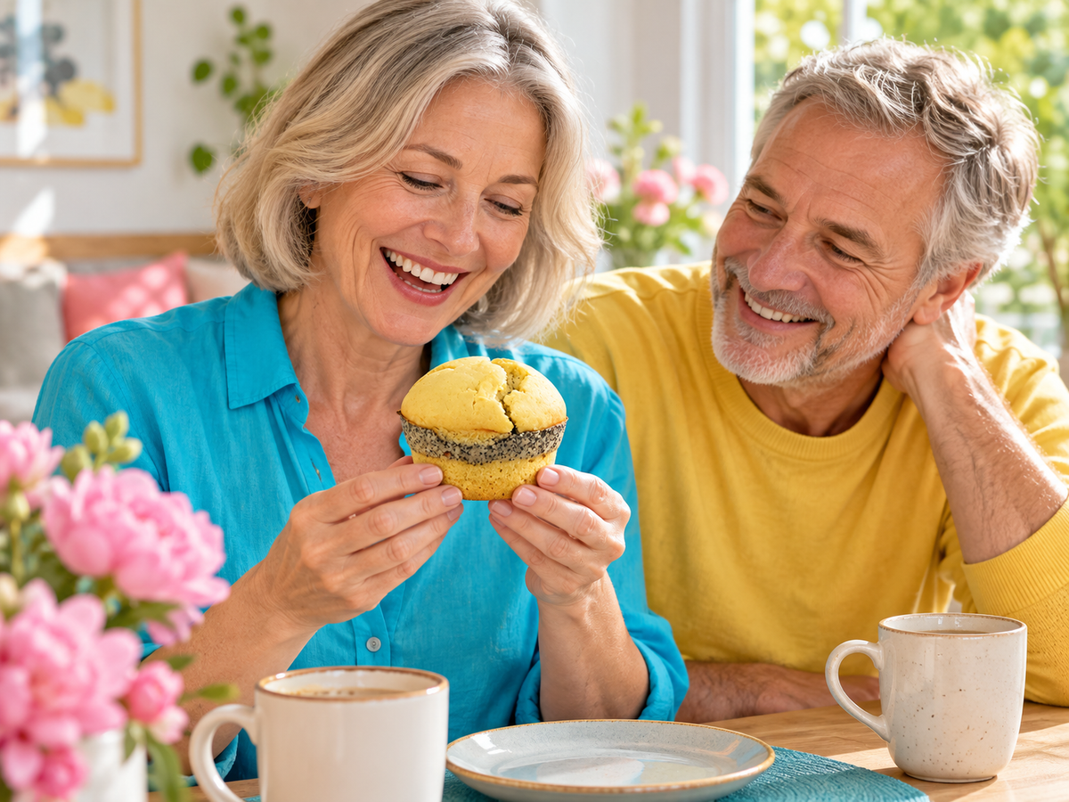 Mohn Pudding Muffin in einer fröhlichen Alltagsszene