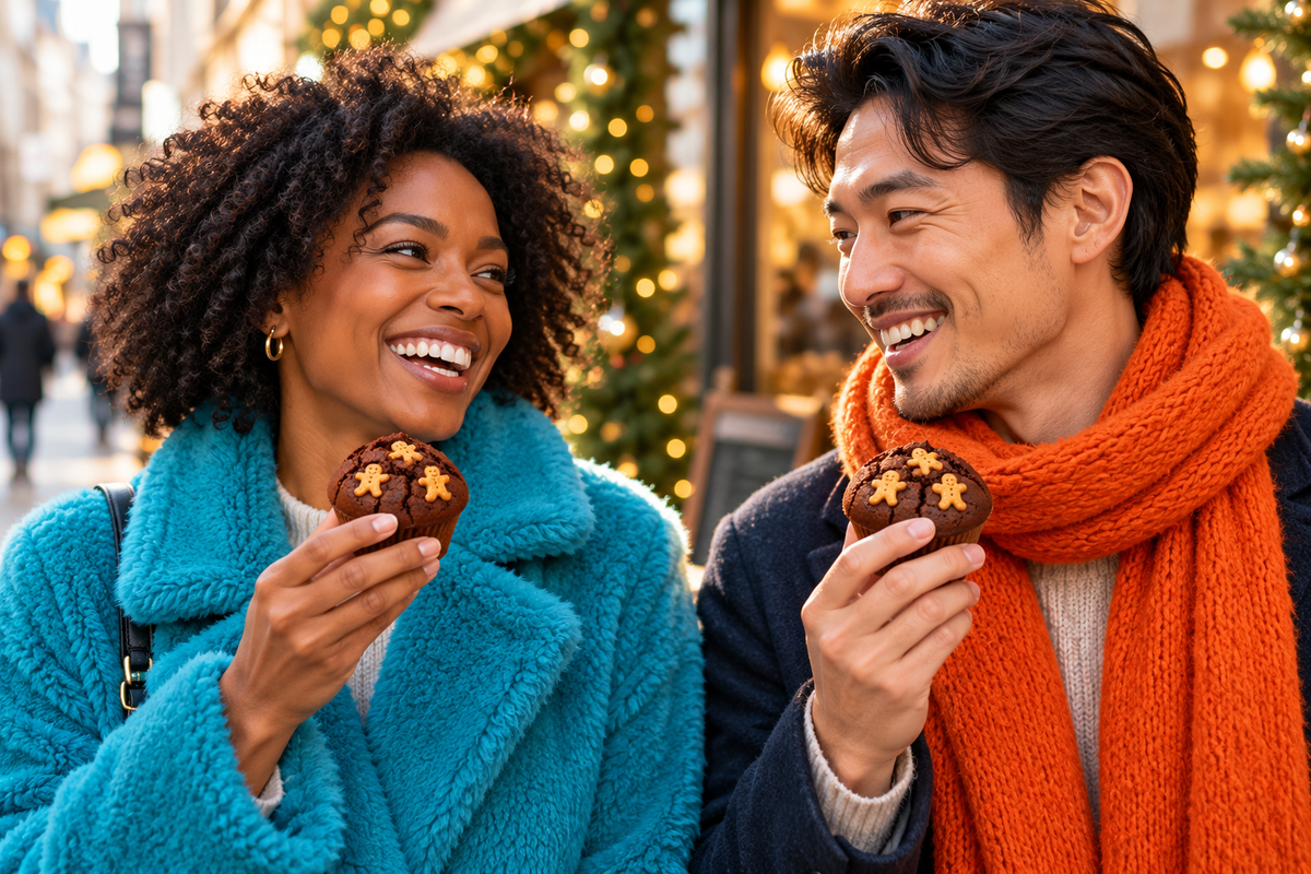 Winterlicher Genussmoment mit Lebkuchen Muffins vor einem Café